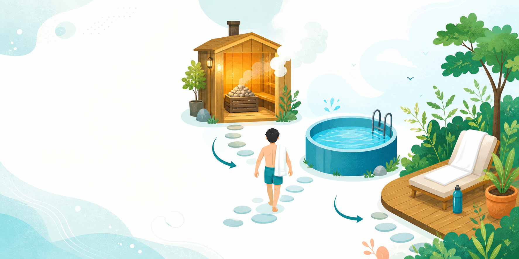 サウナ小屋、水風呂、外気浴を楽しむイラスト