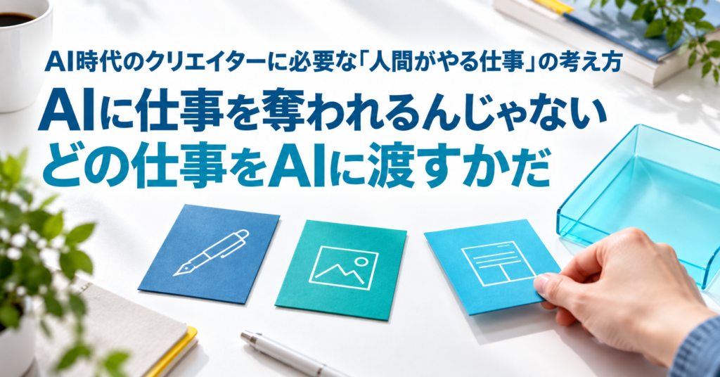 AIに仕事を奪われるんじゃない。どの仕事をAIに渡すかだ。クリエイターが仕事のカードを選ぶバナー