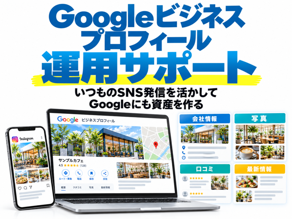 Googleビジネスプロフィール運用サポート。いつものSNS発信を活かしてGoogleにも資産を作る。会社情報・写真・口コミ・最新情報を整える