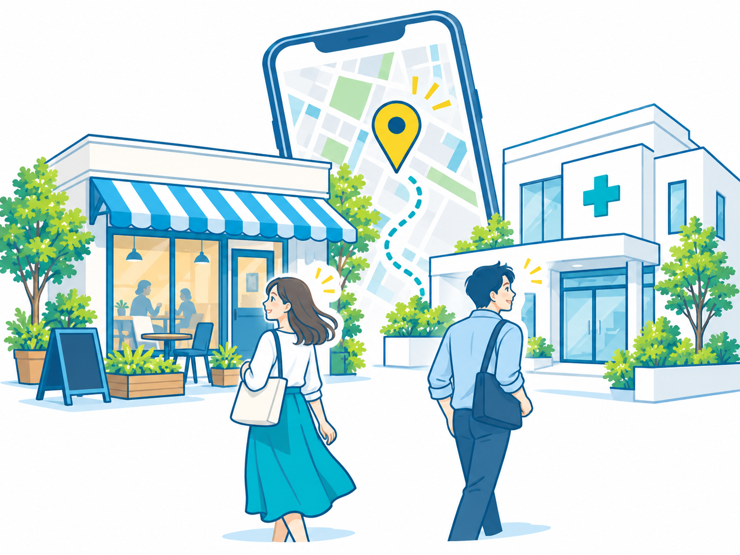 地図で近くのお店やクリニックを見つけて訪れる人たちのイラスト