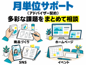 月単位サポート（アドバイザー契約）。多彩な課題をまとめて相談。商品づくり・ホームページ・SNS・イベントの相談内容を示すイラスト